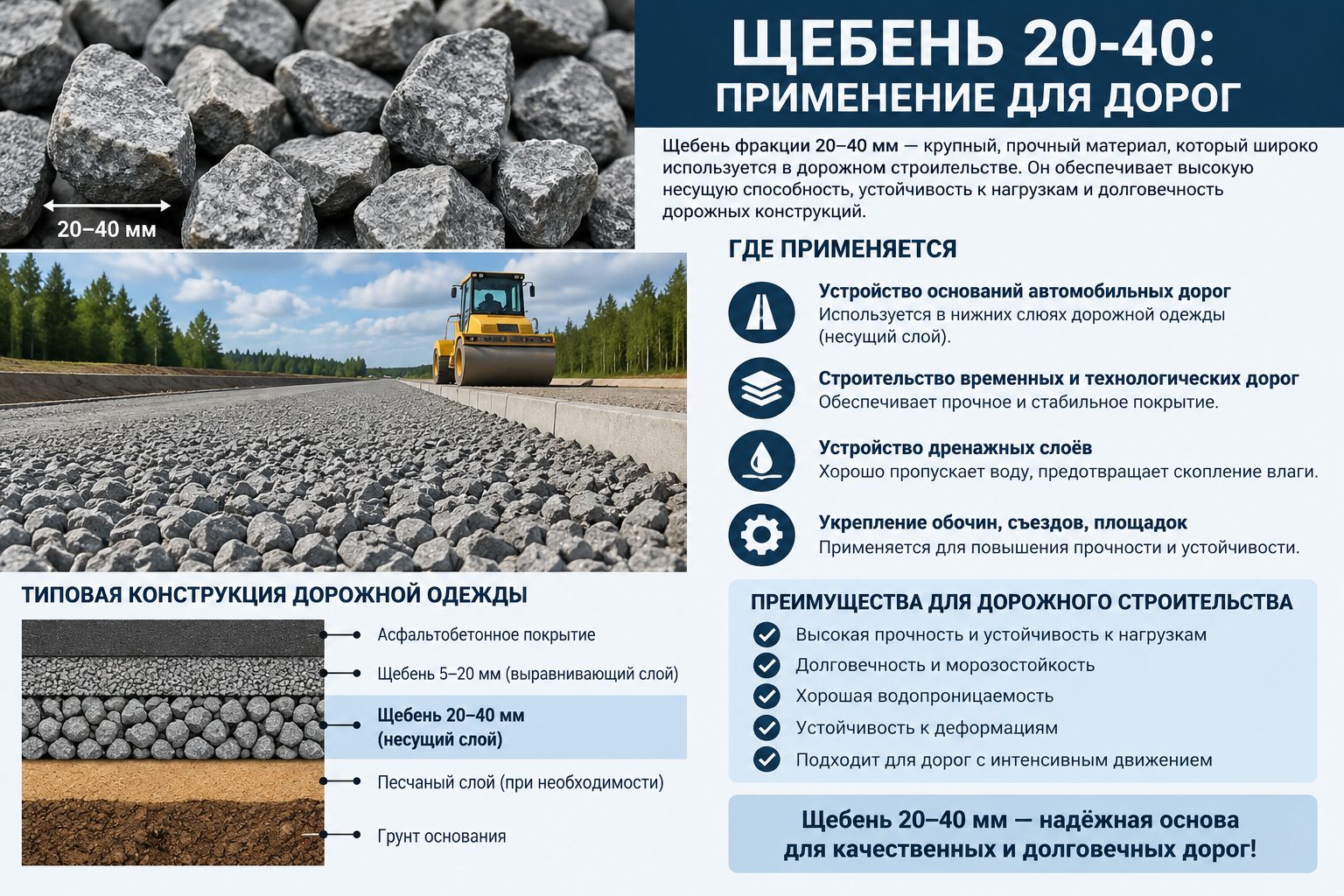 Щебень 20-40: применение для дорог