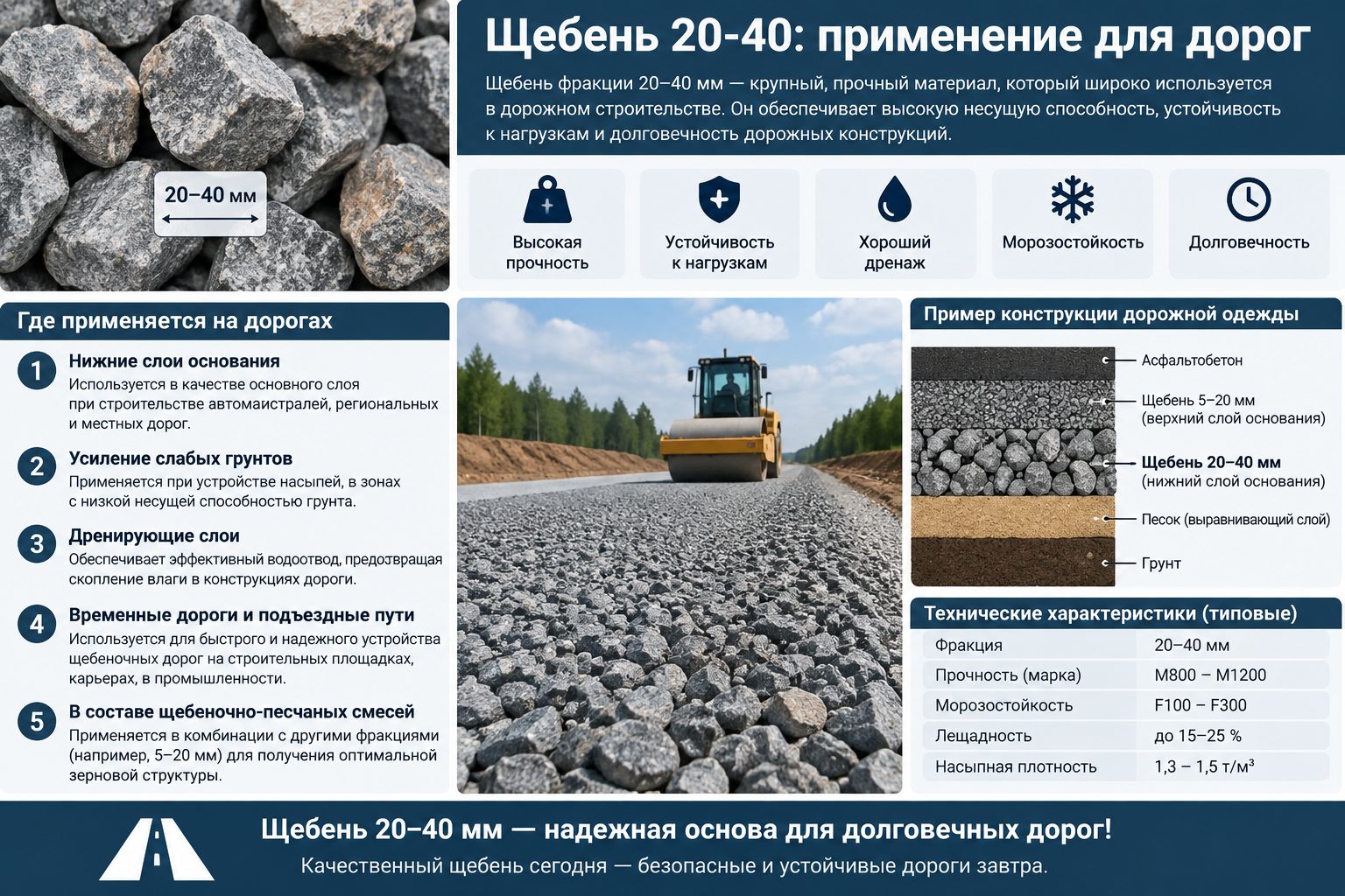 Щебень 20-40: применение для дорог