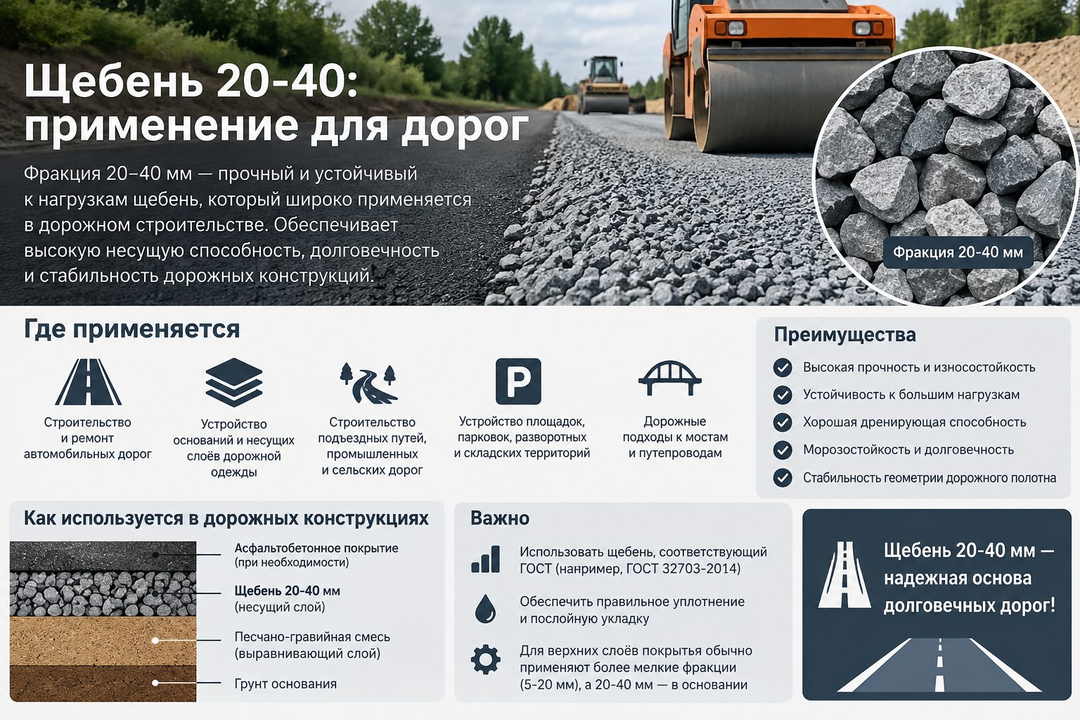 Щебень 20-40: применение для дорог