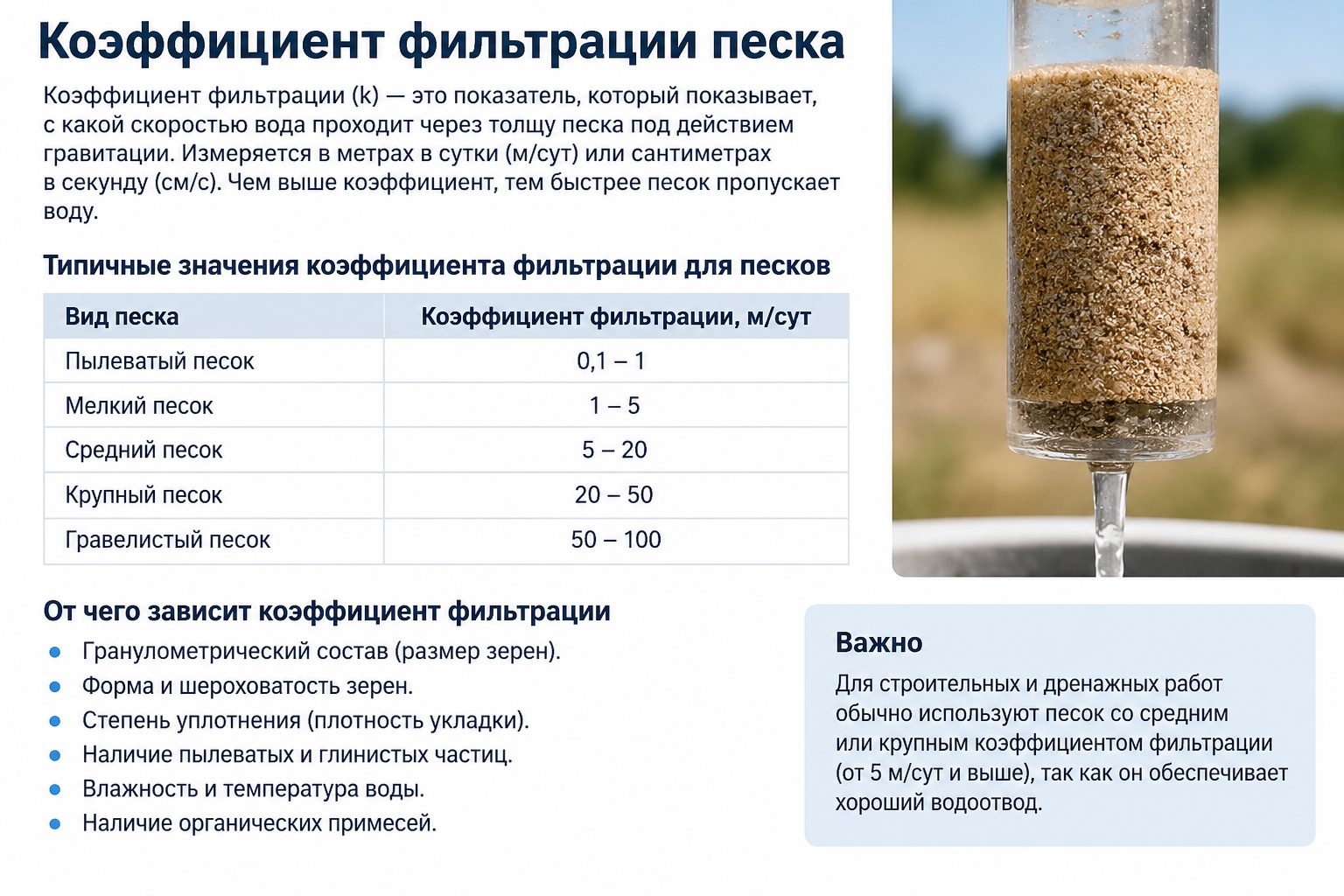 Коэффициент фильтрации песка