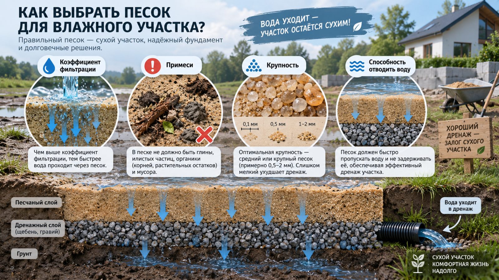 песок для влажного участка: проверяем коэффициент фильтрации, примеси, крупность и способность материала отводить воду