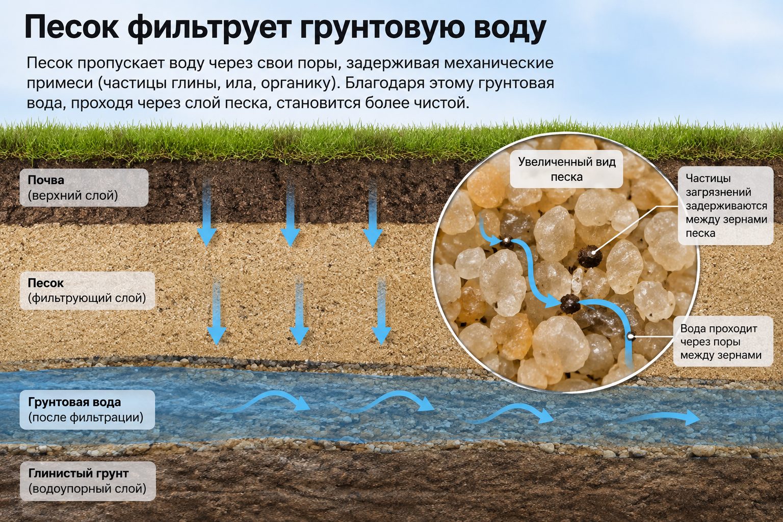 песок фильтрует грунтовую воду
